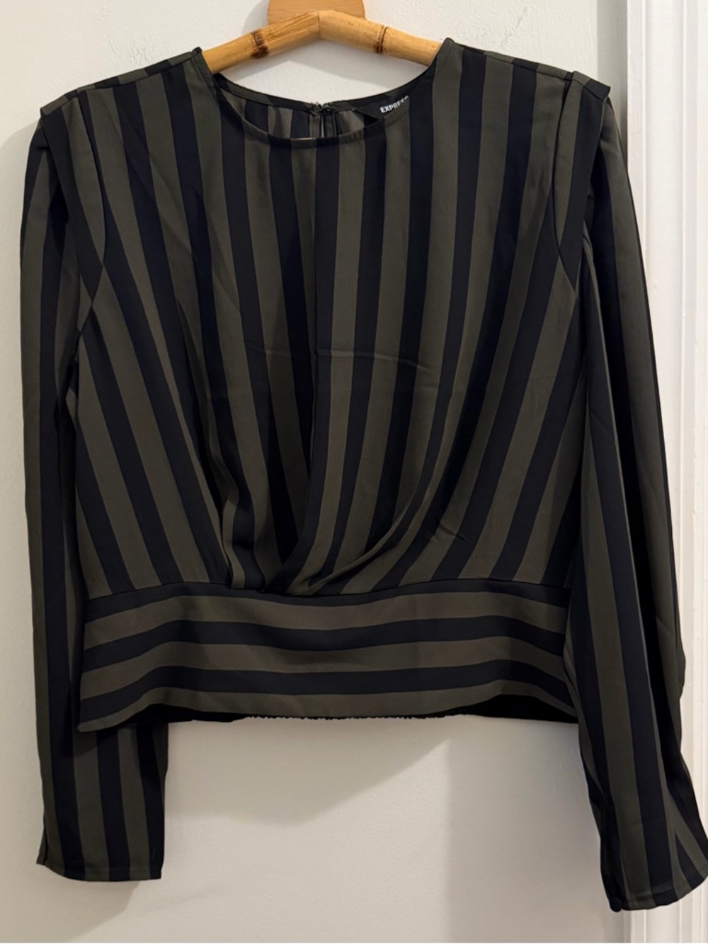 Express Women's Black & Olive Striped Long-Sleeve Blouse NWT